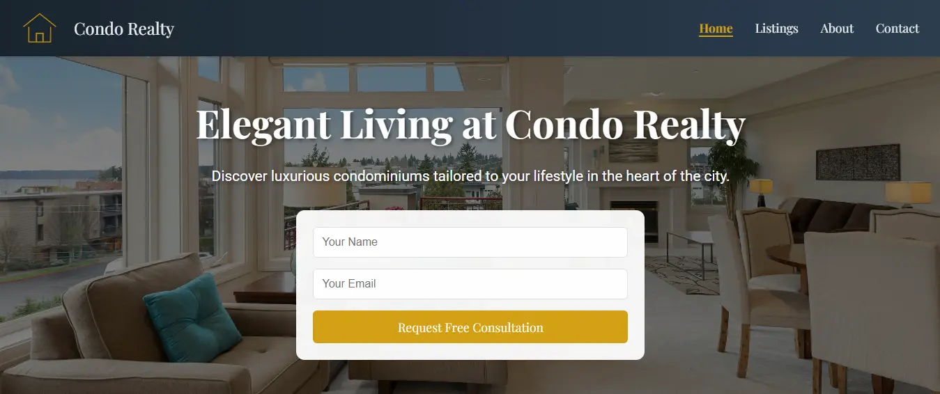 Screenshot of real estate landing page